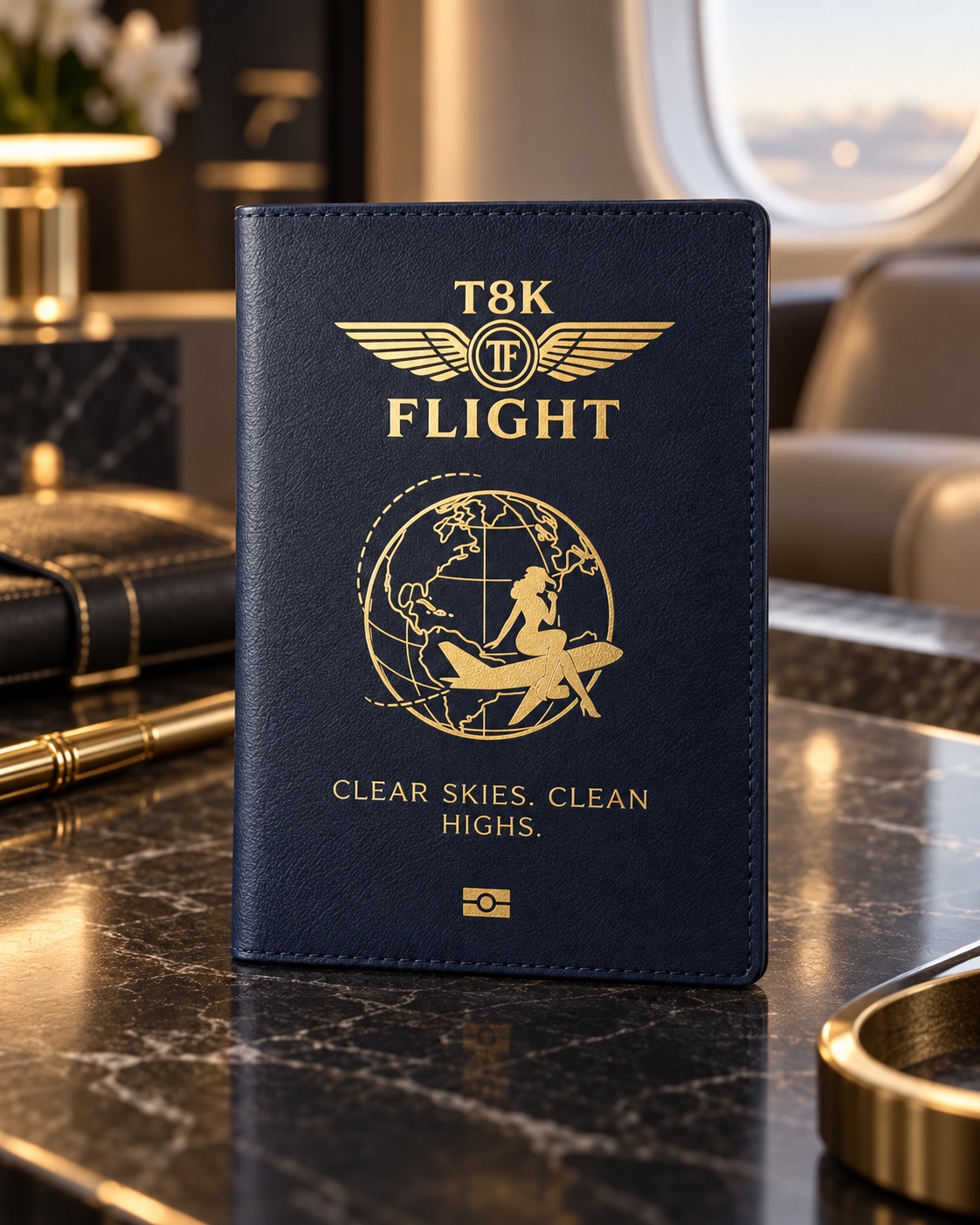 Closed T8K Flight passport outer cover in a luxury private-aircraft cabin
